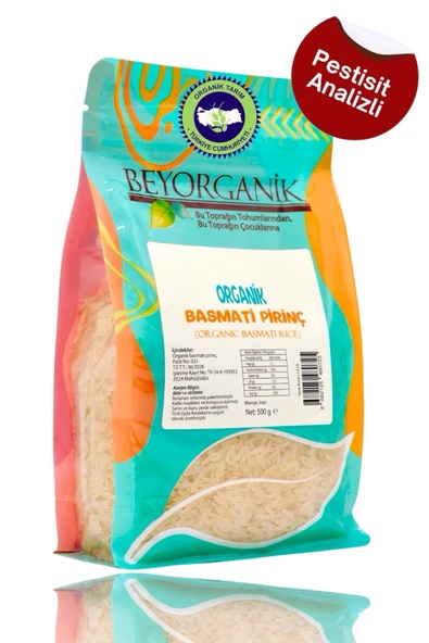 BEYORGANİK Organik Basmati Pirinç 500gr (PESTİSİT VE AFLATOKSİN ANALİZLİ) ürün görseli 1