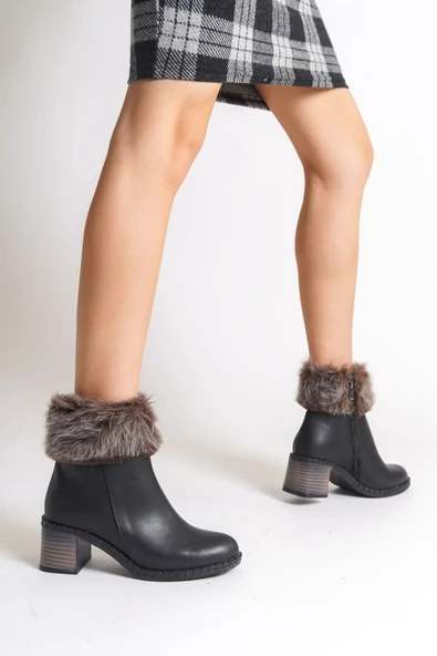 JET-JULIA Fermuarlı Ortopedik Taban Tüylü Topuklu Kadın Bot CST - Siyah - Resim 2