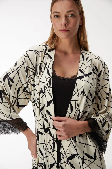 Anıl Kadın Sabahlıklı Kolları Dantel Detaylı İp Askılı 3'lü Pijama Takım - 2