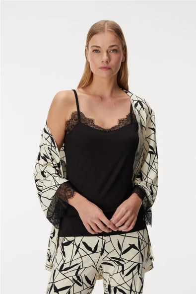 Anıl Kadın Sabahlıklı Kolları Dantel Detaylı İp Askılı 3'lü Pijama Takım - 3