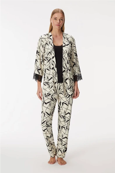 Anıl Kadın Sabahlıklı Kolları Dantel Detaylı İp Askılı 3'lü Pijama Takım