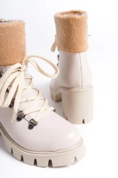 JET-EMMA Bağcıklı Fermuarlı Ortopedik Taban Topuklu Kürk DetaylıKadın Bot CKT - Krem - Resim 5