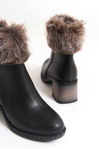 JET-JULIA Fermuarlı Ortopedik Taban Tüylü Topuklu Kadın Bot CST - Siyah - Resim 5