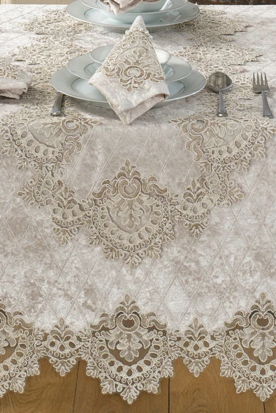 Kadife Lüks Masa Örtüsü Seti Dantelli Güpürlü 26 Parça Reina - 3