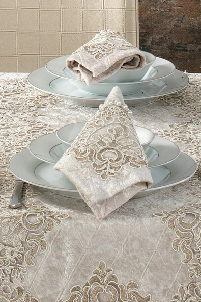 Kadife Lüks Masa Örtüsü Seti Dantelli Güpürlü 26 Parça Reina - 5