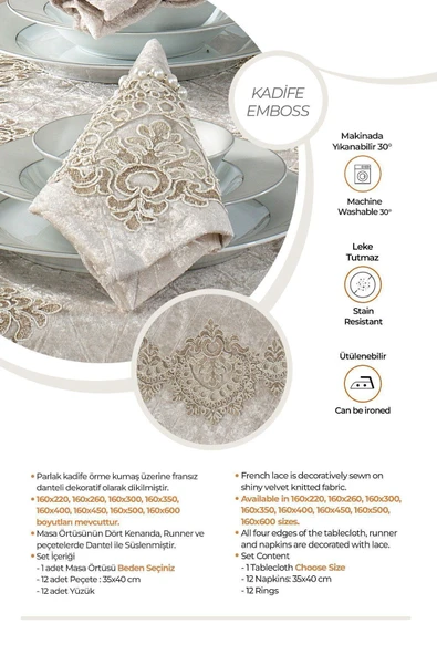 Kadife Lüks Masa Örtüsü Seti Dantelli Güpürlü 26 Parça Reina - 2