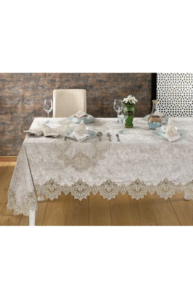 Kadife Lüks Masa Örtüsü Seti Dantelli Güpürlü 26 Parça Reina - 6