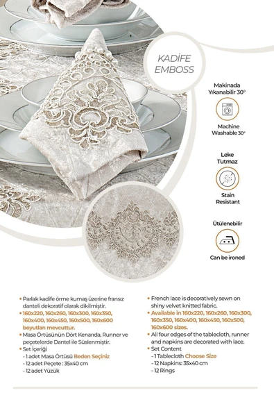 Kadife Lüks Masa Örtüsü Seti Dantelli Güpürlü 26 Parça Reina - 2