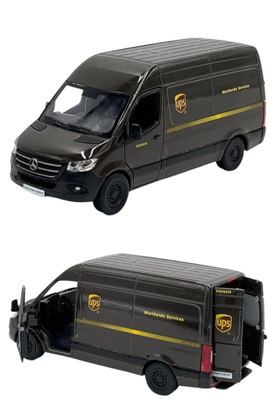 Çek Bırak Diecast Model Araba 10 cm - Mercedes Sprinter Kargo Arabası Ups Metal Açılabilir Kapılı - 5