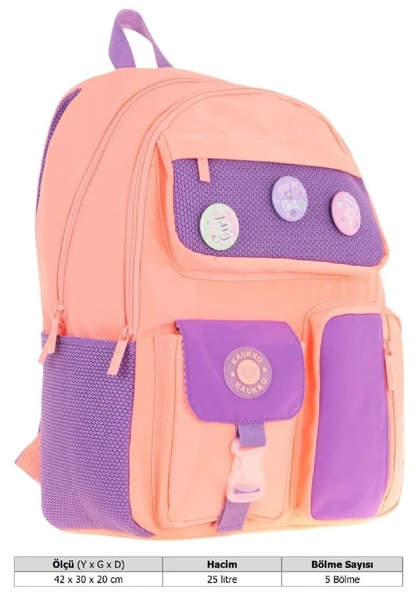 Kaukko Travel Beş Bölmeli Rozetli Kız Çocuk Okul ve Günlük Sırt Çantası - Somon Mor - K1825 - Resim 4