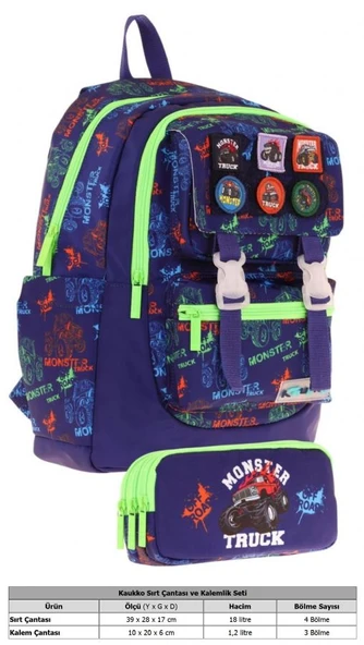 Kaukko Armalı Kamyon Desenli Okul Çantası + Kalemlik Seti (L5279+L8279) Erkek Çocuk - Lacivert Yeşil - Resim 2