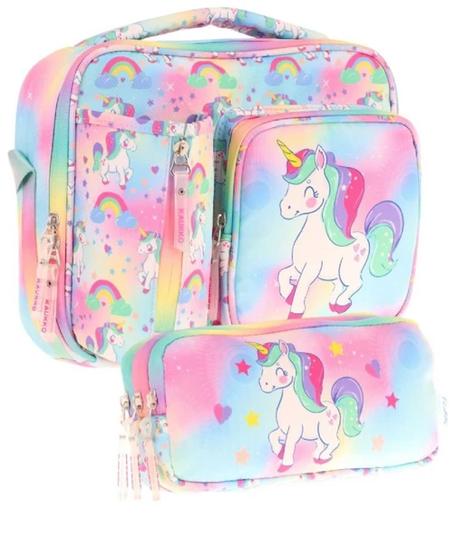 Kaukko Kids Kız Çocuk Çok Renkli Unicorn Baskılı Üç Bölmeli Thermo Beslenme Çantası ve Kalemlik Seti (L7243+L8243) ürün görseli
