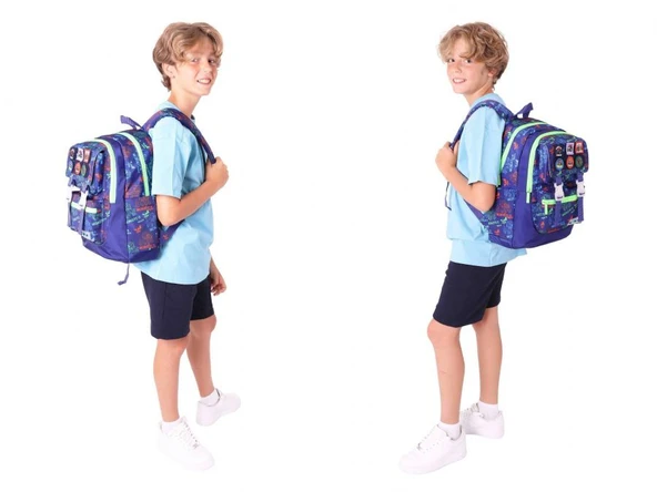 Kaukko Kids Armalı Kamyon Desenli Erkek Çocuk Üçlü İlkokul Okul Çantası Seti - Lacivert Yeşil - Resim 4