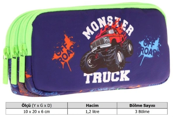 Kaukko Kids Yeşil Lacivert, Kamyon, Erkek Çocuk Üç Bölmeli Kalemlik/Kalem Çantası - L8279 - Resim 3