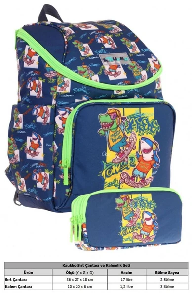 Kaukko Lacivert Yeşil, Dinazor Temalı, Erkek Çocuk Okul Çantası ve Kalem Çantası Seti - L5256+L8256 - Resim 2