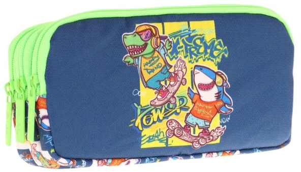 Kaukko Kids Lacivert Yeşil, Dinazor Temalı, Erkek Çocuk Üç Bölmeli Okul Kalem Çantası - L8256 ürün görseli