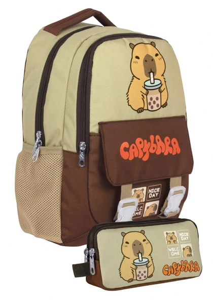 Capybara Erkek Çocuk İlkokul Sırt Çantası ve İki Gözlü Kalemlik Seti - Kahverengi/Bej - SETCPB5200C ürün görseli