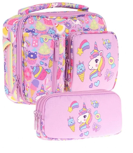 Kaukko Kids Kız Çocuk Lila Unicorn Üç Bölmeli Thermo Beslenme Çantası ve Kalemlik Seti (L7215+L8215) ürün görseli