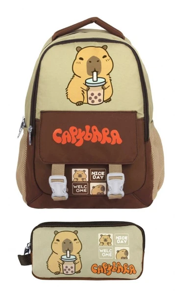 Capybara Erkek Çocuk İlkokul Sırt Çantası ve İki Gözlü Kalemlik Seti - Kahverengi/Bej - SETCPB5200C - Resim 2
