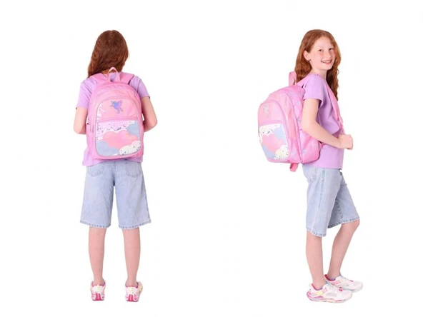 Kaukko Kids Kız Çocuk Okul Çantası ve Üç Bölmeli Kalemlik Seti (Pembe - Pullu Bulut ) - (L5218+L8218) - Resim 3