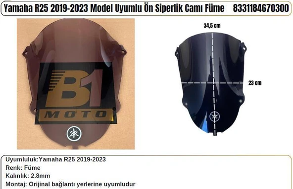 Yamaha R25 Siyah (2019-23) Siperlik Camı