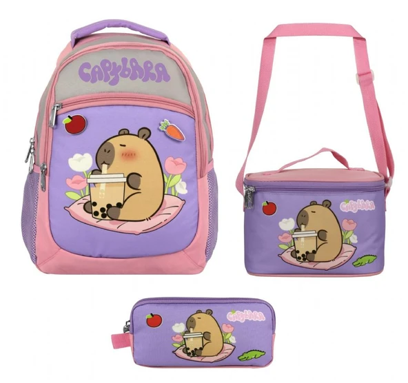 Capybara (Kız Çocuk - Mor - Pembe) İlkokul Üçlü Çanta Seti - SETCPB5233A - Resim 2