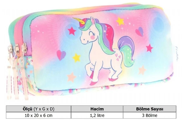 Kaukko Kids Çok Renkli, Unicorn, Kız Çocuk Üç Gözlü Okul Kalem Çantası - L8243 - Resim 3