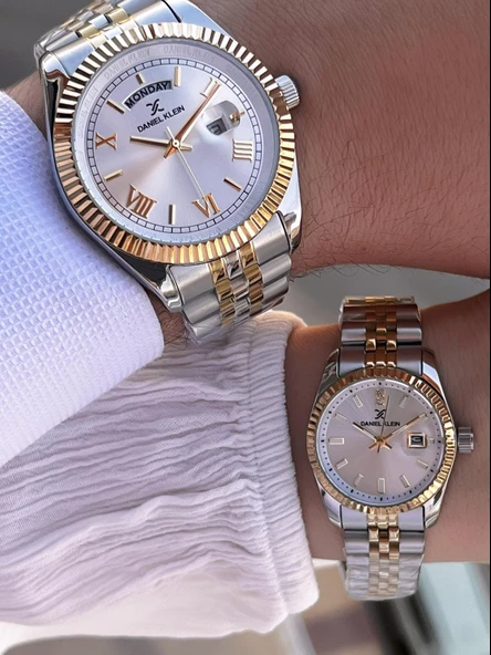 Daniel Klein Bay Ve Bayan Çelik Kordon Çiftlere Özel 3 Atm Suya Dayanıklı Cift Saati CF.PK.12994.P1 - Resim 4