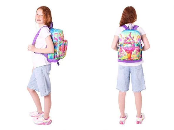 Kaukko Dondurma Baskılı Kız Çocuk Okul Çantası ve Thermo Beslenme Çantası Seti - Kırmızı Mavi (L5251+L7251) - Resim 3