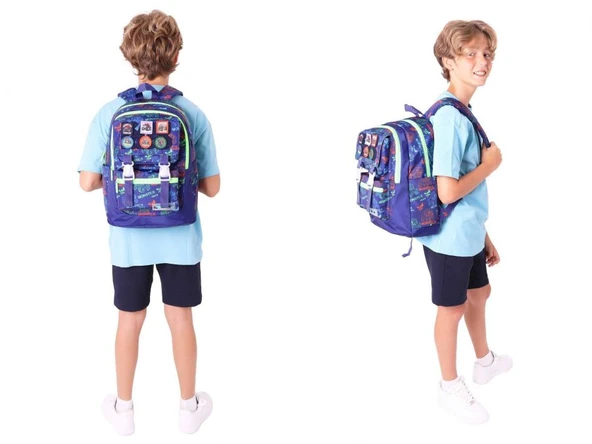 Kaukko Armalı Kamyon Desenli Okul Çantası + Kalemlik Seti (L5279+L8279) Erkek Çocuk - Lacivert Yeşil - Resim 3