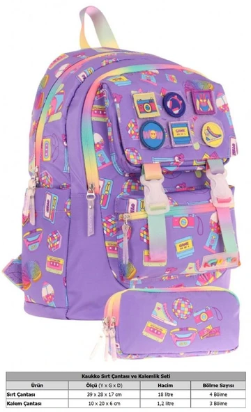 Kaukko Armalı Hobi Desenli Okul Çantası + Kalemlik Seti (L5238+L8238) Kız Çocuk - Mor - 2