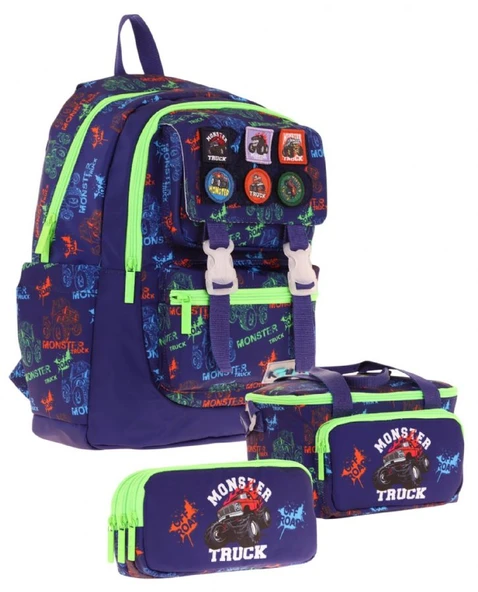 Kaukko Kids Armalı Kamyon Desenli Erkek Çocuk Üçlü İlkokul Okul Çantası Seti - Lacivert Yeşil ürün görseli