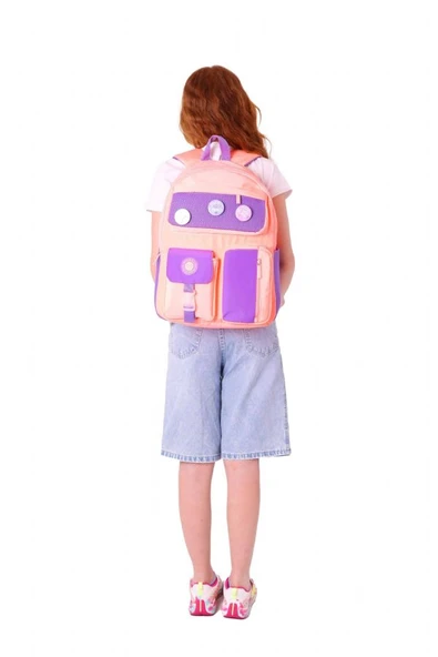 Kaukko Travel Beş Bölmeli Rozetli Kız Çocuk Okul ve Günlük Sırt Çantası - Somon Mor - K1825 - Resim 6