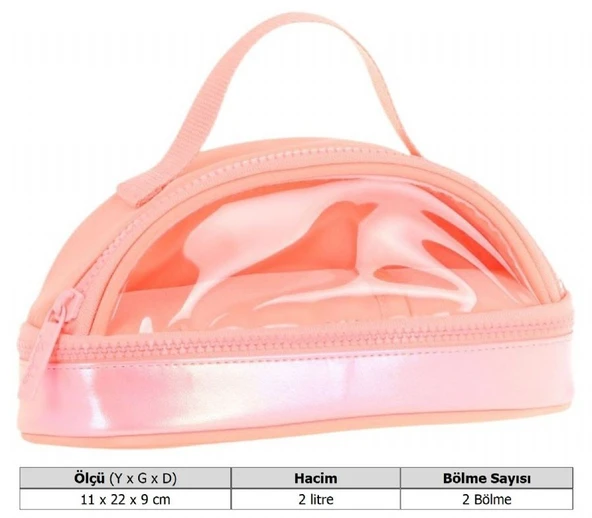 Kaukko Crescent Taşıma Saplı Kız Çocuk İki Gözlü Kalemlik - Somon, Şeffaf Cepli - K2731 - Resim 3