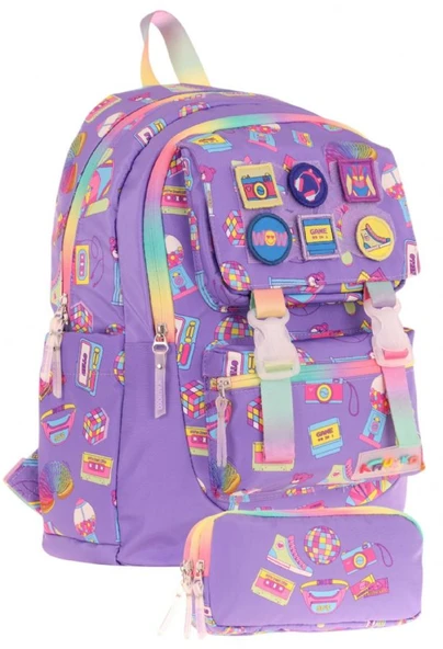 Kaukko Armalı Hobi Desenli Okul Çantası + Kalemlik Seti (L5238+L8238) Kız Çocuk - Mor