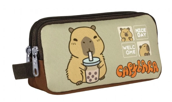 Capybara Erkek Çocuk İki Bölmeli Kalem Çantası - Kahverengi - Bej - 5202 ürün görseli