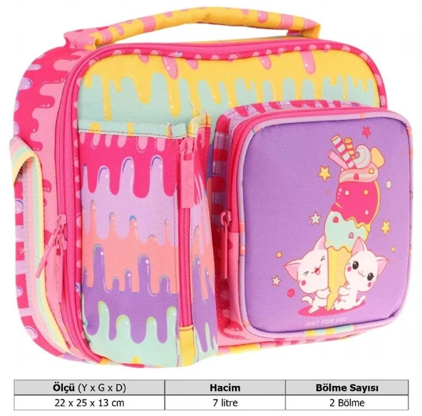 Kaukko Kız Çocuk, Sarı Mor, Dondurma Baskılı Isı Yalıtımlı Üç Bölmeli (Matara Cepli) Okul Beslenme Çantası L7247 - Resim 3