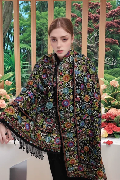 omuz Şal, El Yapımı Yün ve İpek, Boncuklarla Süslenmiş