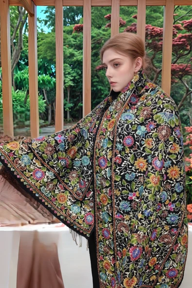 omuz Şal, El Yapımı Yün ve İpek, Boncuklarla Süslenmiş - 2