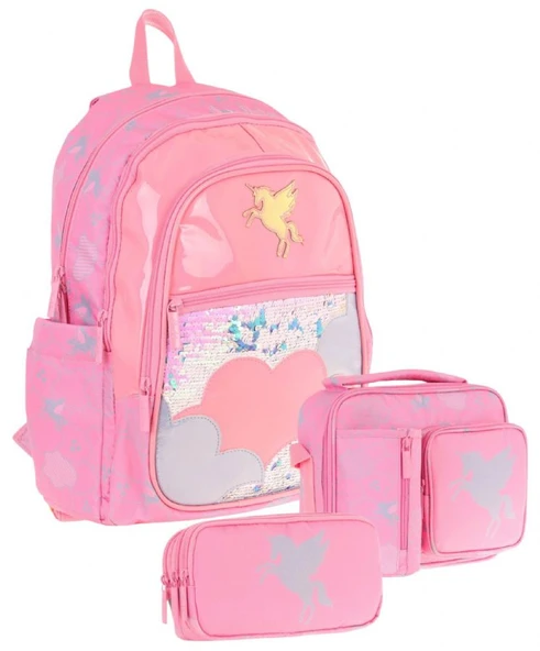 Kaukko Kids Kız Çocuk - Pembe Pullu Bulut Desenli - Okul Çanta Seti (Sırt Çantası+Beslenme Çantası+Kalemlik) - 1
