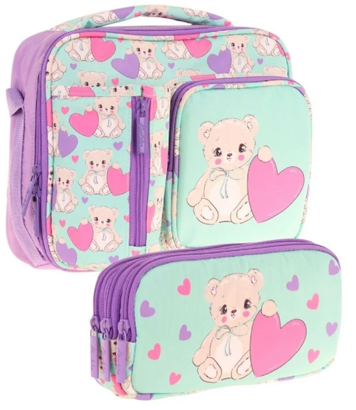 Kaukko Kids Kız Çocuk Turkuaz Mor Ayıcık Baskılı Üç Bölmeli Thermo Beslenme Çantası ve Kalemlik Seti (L7239+L8239) ürün görseli