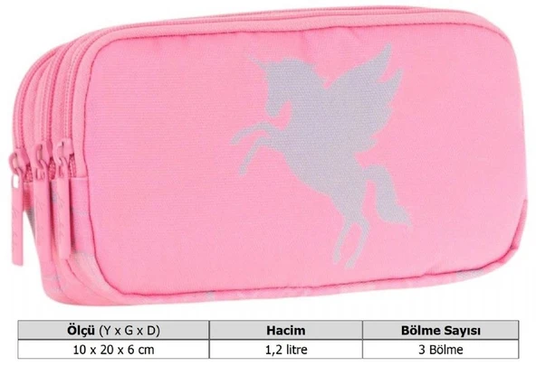 Kaukko Kids Üç Bölmeli Pembe, Unicorn, Kız Çocuk Okul Kalem Çantası - L8218 - Resim 3