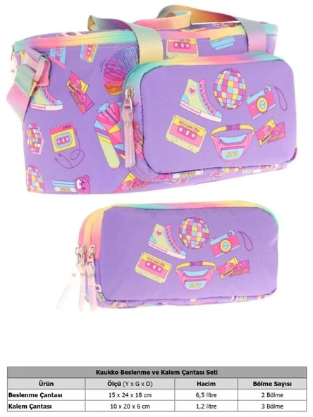 Kaukko (L7238+L8238) Beslenme Çantası (Isı Yalıtımlı) ve Kalem Çantası (Üç Bölme) Seti - Kız Çocuk - Mor Hobi Baskılı - Resim 2