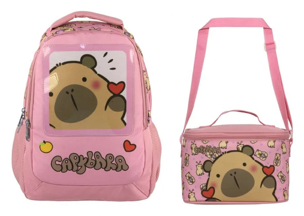 Capybara Kız Çocuk Okul Sırt Çantası ve Beslenme Çantası Seti - Pembe - SETCPB5212B - Resim 2