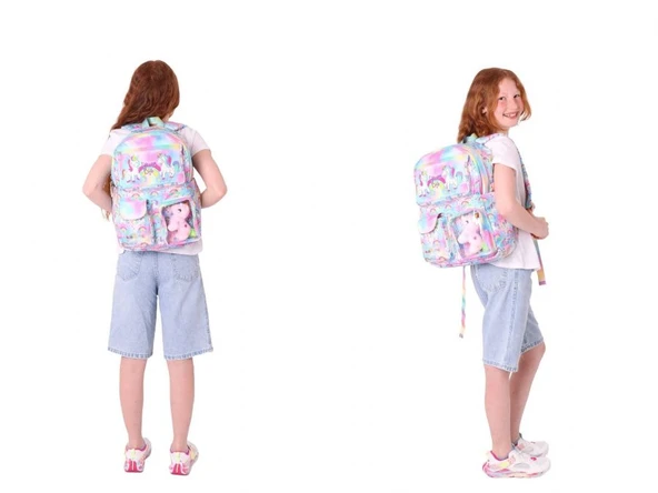 Kaukko Kız Çocuk Beş Bölmeli Okul Çantası ve Üç Bölmeli Kalemlik Seti - Peluş Unicornlu - Pembe - Resim 3