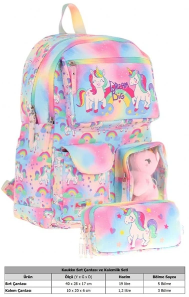 Kaukko Kız Çocuk Beş Bölmeli Okul Çantası ve Üç Bölmeli Kalemlik Seti - Peluş Unicornlu - Pembe - Resim 2