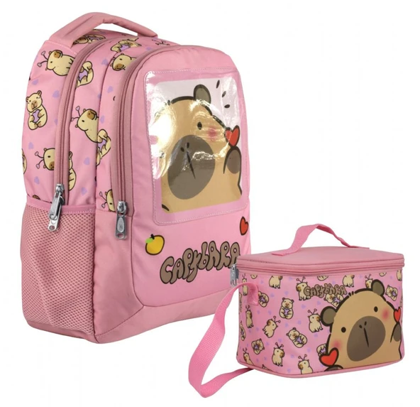 Capybara Kız Çocuk Okul Sırt Çantası ve Beslenme Çantası Seti - Pembe - SETCPB5212B ürün görseli