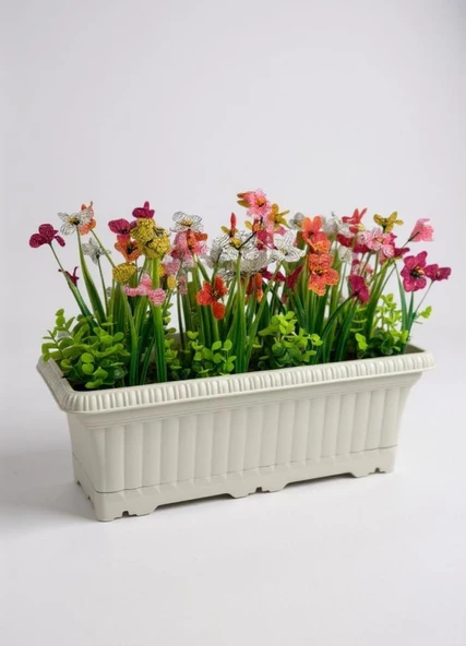 Yapay Çiçek Renkli Mini Mine Çiçekli Krem Küpeşte Askılı Balkon Çiçeği Balkon Saksısı - Resim 2