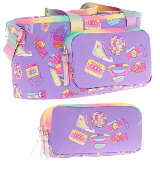 Kaukko (L7238+L8238) Beslenme Çantası (Isı Yalıtımlı) ve Kalem Çantası (Üç Bölme) Seti - Kız Çocuk - Mor Hobi Baskılı ürün görseli