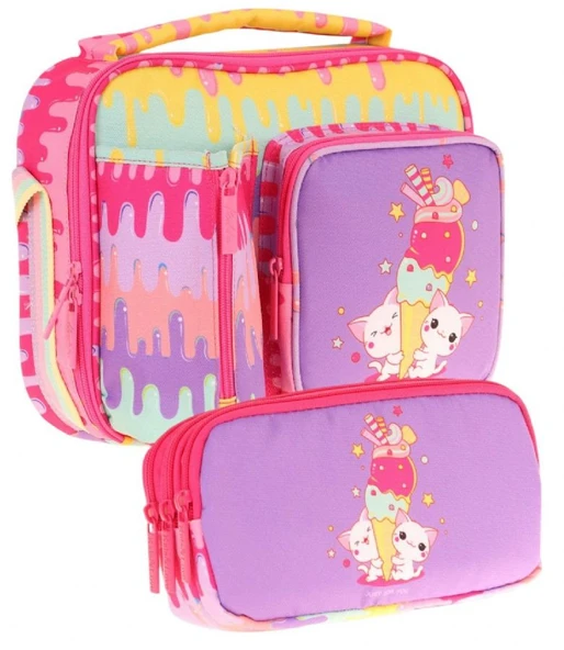 Kaukko Kids Kız Çocuk Sarı Mor Dondurma Baskılı Üç Bölmeli Thermo Beslenme Çantası ve Kalemlik Seti (L7247+L8247) ürün görseli